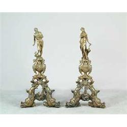 OUTSTANDING PAIR OF FIGURAL TALL BRASS ANDIRONS