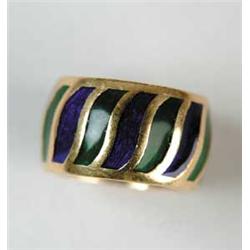 GREEN AND BLUE ENAMEL YELLOW GOLD RING