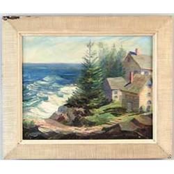 ELSIE F. SCULL (American, 20th Century) “FISHERMAN’S COTTAGES, MONHEGAN ISLAND, MAINE”