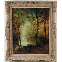 FRANKLIN B. DE HAVEN (American, 1856-1934) FOREST LANDSCAPE WITH WATER