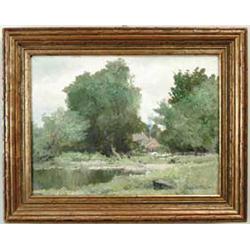 GEORGE A. TRAVER (American, 1864-1928) SUMMER LANDSCAPE WITH HOUSE AND POND