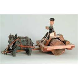 FOLK ART CARVED HORSE DRAWN ROAD ROLLER