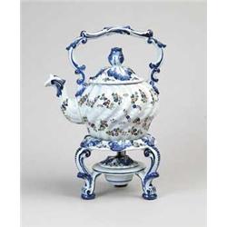 LATE ITALIAN MAJOLICA DELFT STYLE TEAPOT ON STAND WITH BURNER