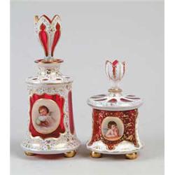 PAIR OF OVERLAY VICTORIAN DRESSER BOTTLES
