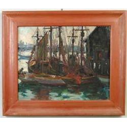 CATHERINE SHOCK SHREVE (American, 20th Century) BOATS AT DOCK IN HARBOR