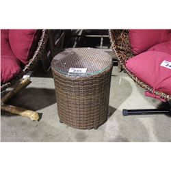 BROWN WOVEN GLASS TOP OUTDOOR PATIO END TABLE