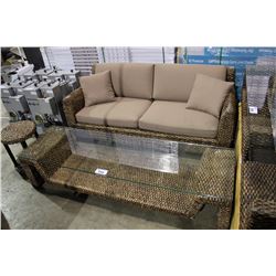 DARK WOOD & WOVEN RATTAN PATIO SOFA SET