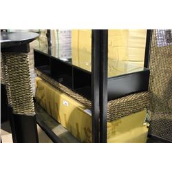 DARK WOOD & WOVEN RATTAN GLASS TOP ENTERTAINMENT CENTER