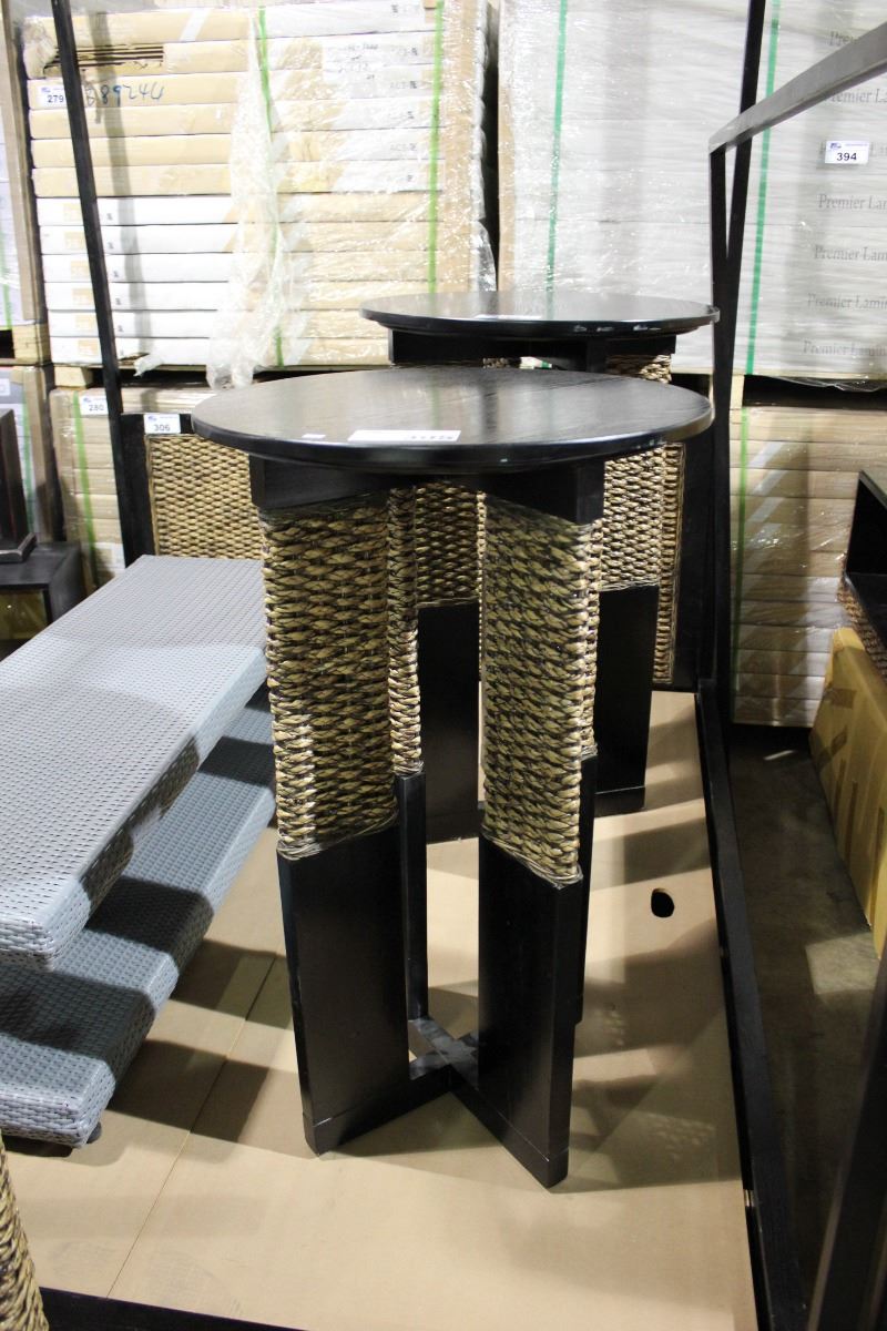 Tall Ratton Tables DARK WOOD & WOVEN RATTAN BAR HEIGHT TABLE - Able Auctions