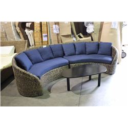 CURVED WOVEN RATTAN & BLUE 2 PIECE SECTIONAL SOFA WITH DARK WOOD COFFEE TABLE