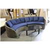 Image 1 : CURVED WOVEN RATTAN & BLUE 2 PIECE SECTIONAL SOFA WITH DARK WOOD COFFEE TABLE