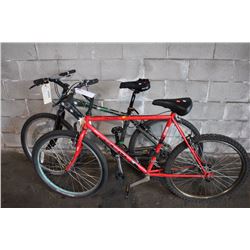 2 BIKES: GREY NO NAME MOUNTAIN BIKE & RED CCM HYBRID BIKE