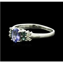 14KT White Gold 0.59 ctw Tanzanite, Emerald and Diamond Ring