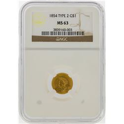 1854 $1 Indian Princess Head Gold Dollar Coin NGC MS63