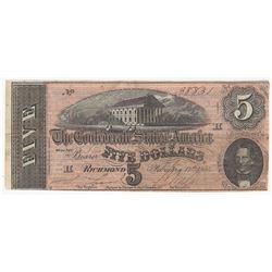 1864 $5 The Confederate States of America Note