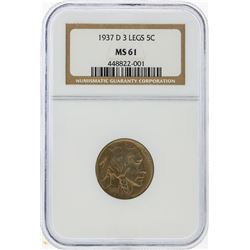 1937-D 3 Legged Buffalo Nickel NGC Graded MS61