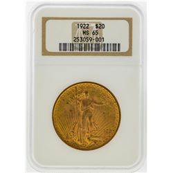 1922 $20 St. Gaudens Double Eagle Gold Coin NGC MS65