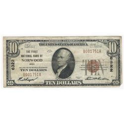 1929 $10 Norwood Ohio National Currency Note