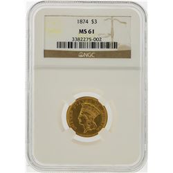 1874 $3 Indian Princess Head Gold Coin NGC MS61