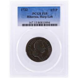 1722 1/2 Penny Harp Left Hibernia Colonial Copper Coin PCGS F15