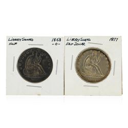 Set of (2) 1858-O and 1877 Silver Liberty Seated Half Dollar Coins