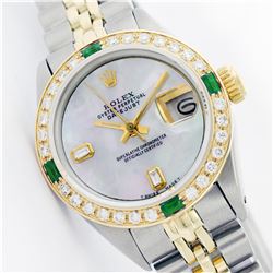 Womens Rolex Two-Tone Baguette Diamond And Emerald DateJust Wristwatch
