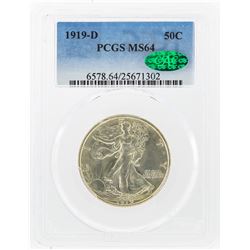 1919-D Liberty Walking Half Dollar Coin PCGS Graded MS64 CAC