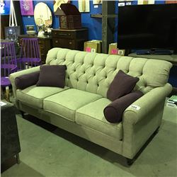 CONTEMPORARY GREY UPHOLSTERED 3 SEATER SOFA WITH PURPLE CUSHIONS