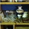 Image 1 : SHELF LOT OF DECORATIVE HOUSE HOLD PIECES, FRAMED PRINT, LIDDED CRYSTAL CANDY BOWL ETC