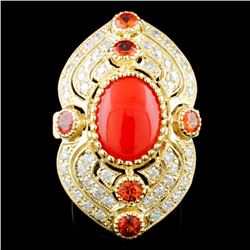 14K Gold 3.02ct Coral & 1.35ctw Diamond Ring