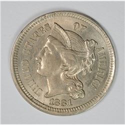 1881 THREE CENT NICKEL, CHOICE BU+