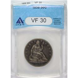1858 SEATED HALF DOLLAR ANACS VF30-CRACKED HOLDER