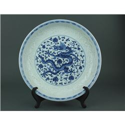 Chinese Blue & White Dragon Porcelain Charger