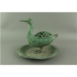 Han Style Bronze Carved Duck With Stand (Broken)