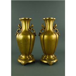 Pair Chinese 10K Gold Gilt Bronze Qianlong Vases