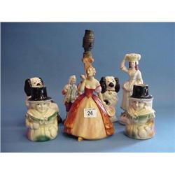 China Table Lamp With Crinoline Lady Figure And 2 Staffordshire Type...