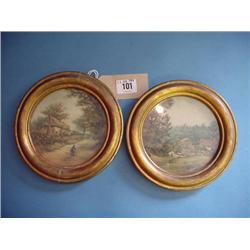 Pair Circular Gilt Framed "Country Scenes" Approx. 7"...