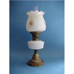 White Glass Fonted Oil Lamp With Shade, Ornate Brass Base, Double...