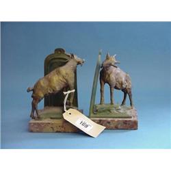 Pair Cast Metal "Goat" Bookends On Marble Base...