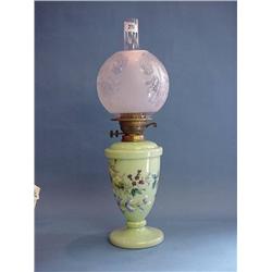 Green Glass Hand Decorated Oil Lamp With Etched Glass Shade...