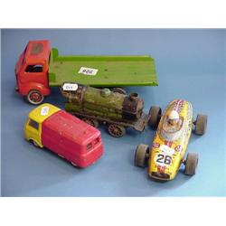 Tin Plate Lorry, Racing Car And Wind-Up Train And Friction Drive Van...