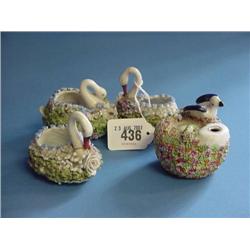 Three Mossware Swans (Two Repaired) And Birds Nest Inkwell...