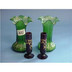 Pair Green Glass Vases Height 5" And Pair Ruby Glass Specimen Vases...