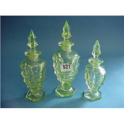 3 Green Glass Graduated Scent Bottles...