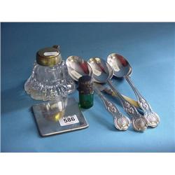 3 Silver Desert Spoons, Silver Card Case, Silver Topped Glass Bottle...