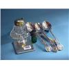 Image 1 : 3 Silver Desert Spoons, Silver Card Case, Silver Topped Glass Bottle...