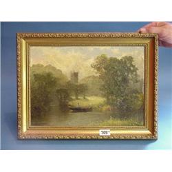 Oil On Vanvas "Boat On River Passing In Front Of Church" Bearing...