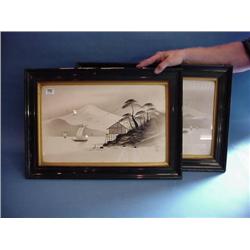 Pair Oriental Prints In Lacquered Frames...