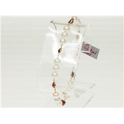 #48-14K YELLOW GOLD PEARL AND RUBY BRACELET