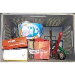 TOTE WITH 4" VISE, PLUMBING TOOLS ALTERNATOR AND